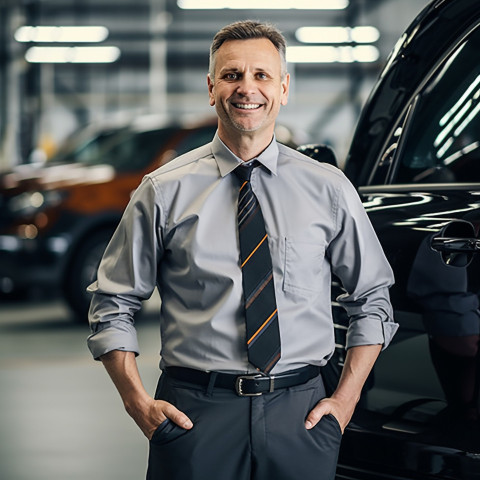 Friendly smiling handsome man automotive general manager at work on blured background Friendly smiling handsome man automotive general manager at work on blured background