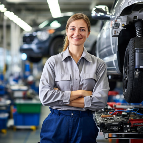Friendly smiling beautiful woman automotive inventory manager at work on blured background Friendly smiling beautiful woman automotive inventory manager at work on blured background