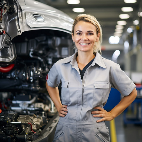 Friendly smiling beautiful woman automotive training instructor at work on blured background Friendly smiling beautiful woman automotive training instructor at work on blured background
