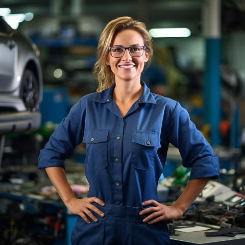 Friendly smiling beautiful woman automotive service manager at work on blured background Friendly smiling beautiful woman automotive service manager at work on blured background