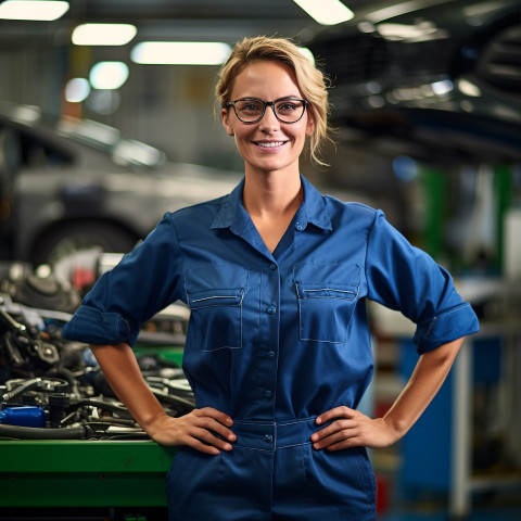Friendly smiling beautiful woman automotive service manager at work on blured background Friendly smiling beautiful woman automotive service manager at work on blured background