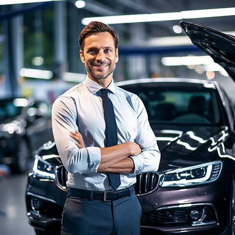 Friendly smiling handsome man automotive general manager at work on blured background Friendly smiling handsome man automotive general manager at work on blured background