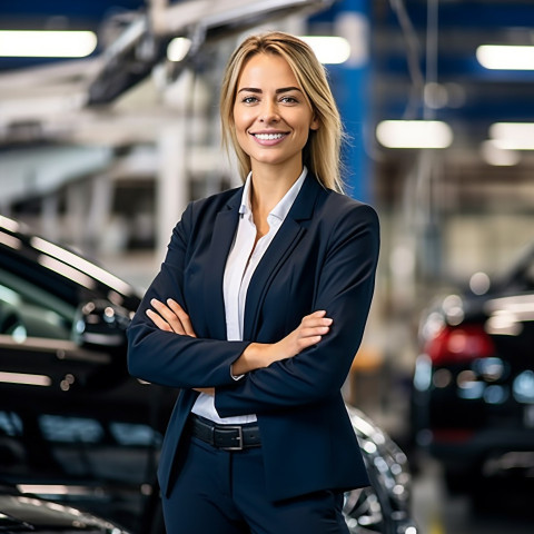 Friendly smiling beautiful woman automotive general manager at work on blured background Friendly smiling beautiful woman automotive general manager at work on blured background