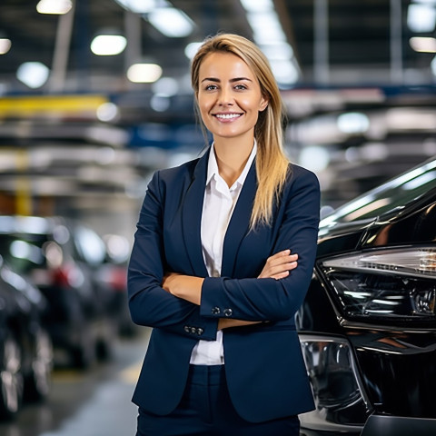 Friendly smiling beautiful woman automotive general manager at work on blured background Friendly smiling beautiful woman automotive general manager at work on blured background