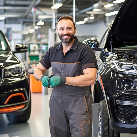 Friendly smiling handsome man automotive cleaning and maintenance staff at work on blured background Friendly smiling handsome man automotive cleaning and maintenance staff at work on blured background