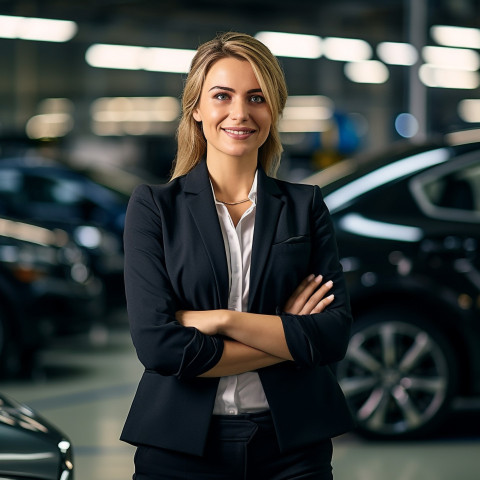Friendly smiling beautiful woman automotive general manager at work on blured background Friendly smiling beautiful woman automotive general manager at work on blured background