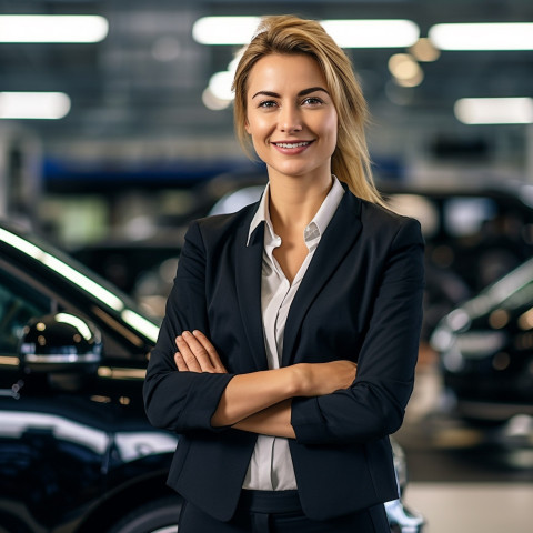 Friendly smiling beautiful woman automotive general manager at work on blured background Friendly smiling beautiful woman automotive general manager at work on blured background