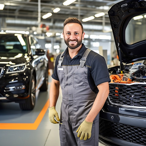 Friendly smiling handsome man automotive cleaning and maintenance staff at work on blured background Friendly smiling handsome man automotive cleaning and maintenance staff at work on blured background