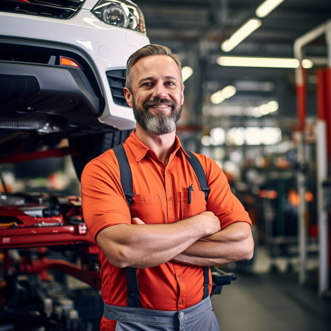 Friendly smiling handsome man automotive service manager at work on blured background Friendly smiling handsome man automotive service manager at work on blured background