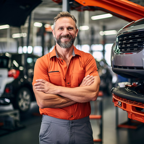 Friendly smiling handsome man automotive service manager at work on blured background Friendly smiling handsome man automotive service manager at work on blured background