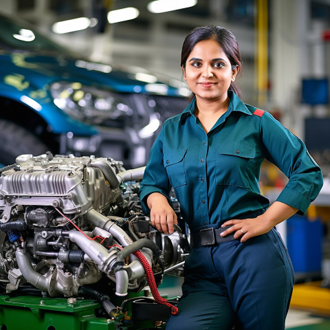 Friendly smiling beautiful indian woman automotive parts manager at work on blured background Friendly smiling beautiful indian woman automotive parts manager at work on blured background