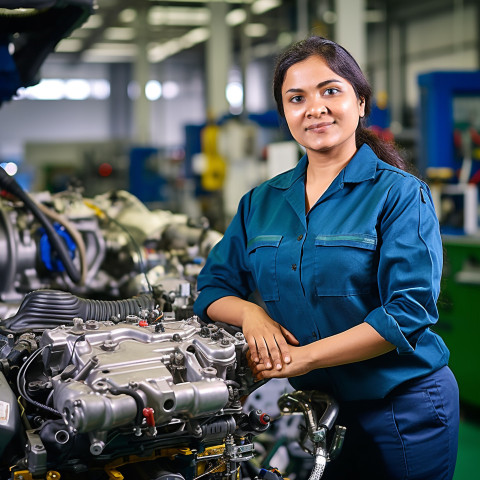 Friendly smiling beautiful indian woman automotive parts manager at work on blured background Friendly smiling beautiful indian woman automotive parts manager at work on blured background