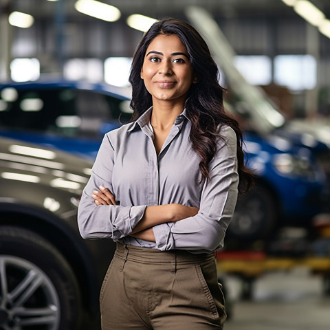 Friendly smiling beautiful indian woman automotive marketing and advertising specialist at work on blured background Friendly smiling beautiful indian woman automotive marketing and advertising specialist at work on blured background