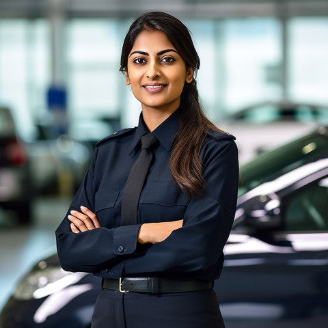 Friendly smiling beautiful indian woman automotive security personnel at work on blured background Friendly smiling beautiful indian woman automotive security personnel at work on blured background