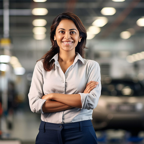 Friendly smiling beautiful indian woman automotive marketing and advertising specialist at work on blured background Friendly smiling beautiful indian woman automotive marketing and advertising specialist at work on blured background