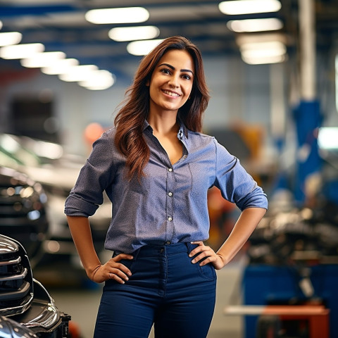 Friendly smiling beautiful indian woman automotive marketing and advertising specialist at work on blured background Friendly smiling beautiful indian woman automotive marketing and advertising specialist at work on blured background