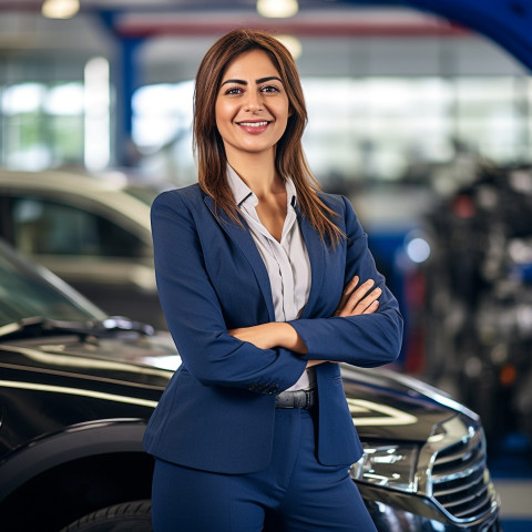 Friendly smiling beautiful indian woman automotive sales manager at work on blured background Friendly smiling beautiful indian woman automotive sales manager at work on blured background
