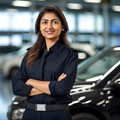 Friendly smiling beautiful indian woman automotive security personnel at work on blured background Friendly smiling beautiful indian woman automotive security personnel at work on blured background