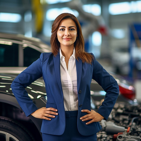 Friendly smiling beautiful indian woman automotive sales manager at work on blured background Friendly smiling beautiful indian woman automotive sales manager at work on blured background