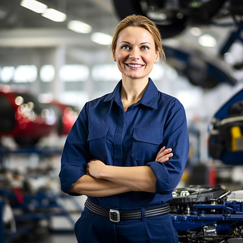 Friendly smiling beautiful woman automotive compliance and safety officer at work on blured background Friendly smiling beautiful woman automotive compliance and safety officer at work on blured background