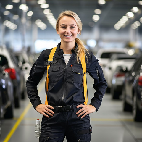 Friendly smiling beautiful woman automotive safety compliance specialist at work on blured background Friendly smiling beautiful woman automotive safety compliance specialist at work on blured background
