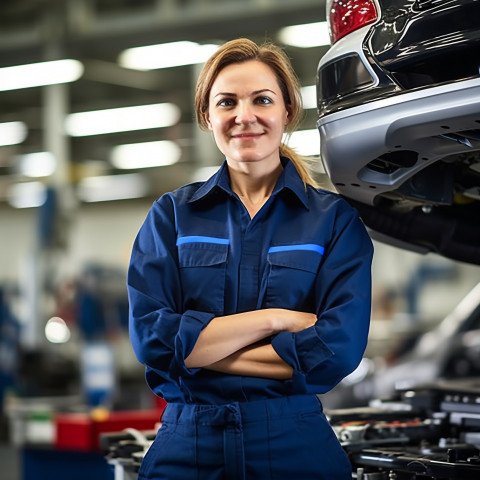 Friendly smiling beautiful woman automotive compliance and safety officer at work on blured background Friendly smiling beautiful woman automotive compliance and safety officer at work on blured background