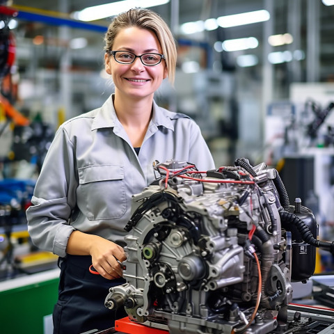 Friendly smiling beautiful woman automotive parts specialist at work on blured background Friendly smiling beautiful woman automotive parts specialist at work on blured background
