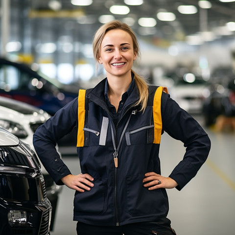 Friendly smiling beautiful woman automotive safety compliance specialist at work on blured background Friendly smiling beautiful woman automotive safety compliance specialist at work on blured background