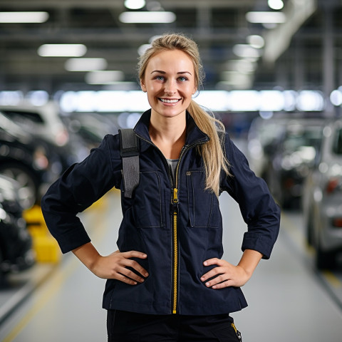 Friendly smiling beautiful woman automotive safety compliance specialist at work on blured background Friendly smiling beautiful woman automotive safety compliance specialist at work on blured background