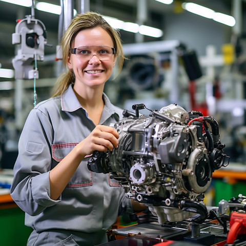 Friendly smiling beautiful woman automotive parts specialist at work on blured background Friendly smiling beautiful woman automotive parts specialist at work on blured background