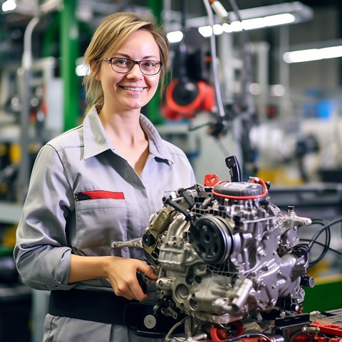 Friendly smiling beautiful woman automotive parts specialist at work on blured background Friendly smiling beautiful woman automotive parts specialist at work on blured background
