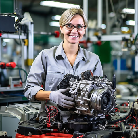 Friendly smiling beautiful woman automotive parts specialist at work on blured background Friendly smiling beautiful woman automotive parts specialist at work on blured background