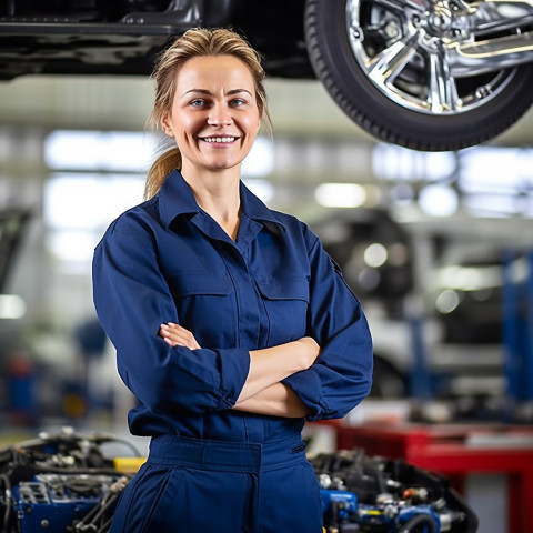 Friendly smiling beautiful woman automotive compliance and safety officer at work on blured background Friendly smiling beautiful woman automotive compliance and safety officer at work on blured background