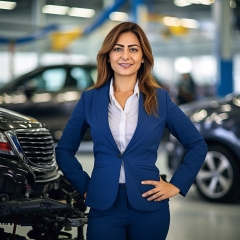 Friendly smiling beautiful indian woman automotive sales manager at work on blured background Friendly smiling beautiful indian woman automotive sales manager at work on blured background