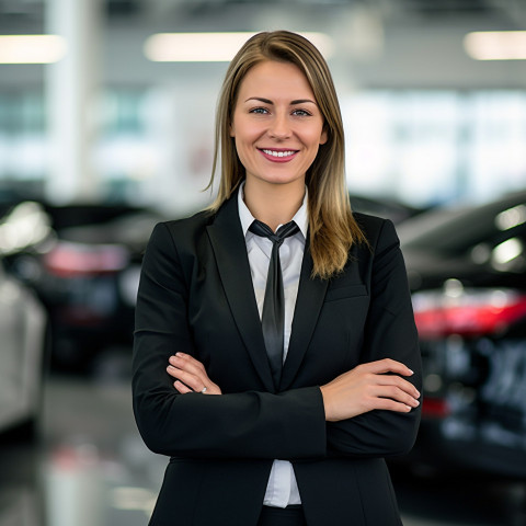Friendly smiling beautiful woman automotive sales manager at work on blured background Friendly smiling beautiful woman automotive sales manager at work on blured background