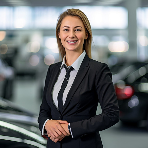 Friendly smiling beautiful woman automotive sales manager at work on blured background Friendly smiling beautiful woman automotive sales manager at work on blured background