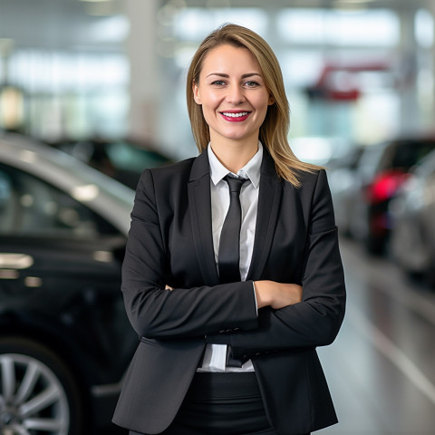 Friendly smiling beautiful woman automotive sales manager at work on blured background Friendly smiling beautiful woman automotive sales manager at work on blured background