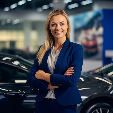 Friendly smiling beautiful woman automotive sales manager at work on blured background Friendly smiling beautiful woman automotive sales manager at work on blured background