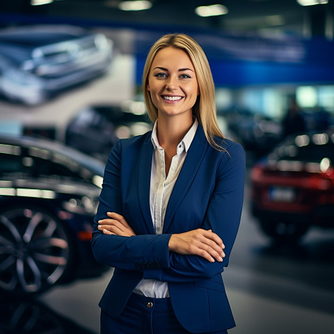 Friendly smiling beautiful woman automotive sales manager at work on blured background Friendly smiling beautiful woman automotive sales manager at work on blured background