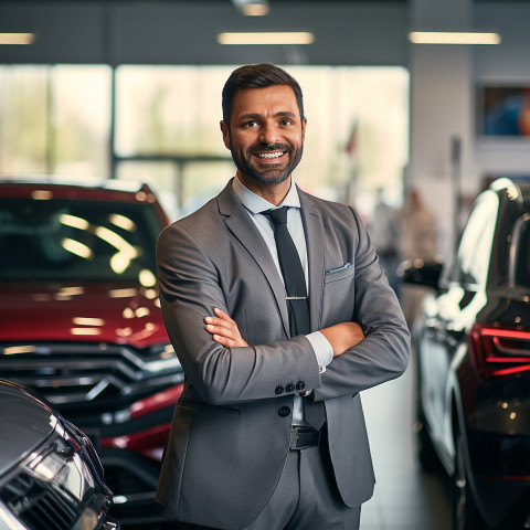 Smiling handsome indian man automotive sales representative at work on blured background Smiling handsome indian man automotive sales representative at work on blured background