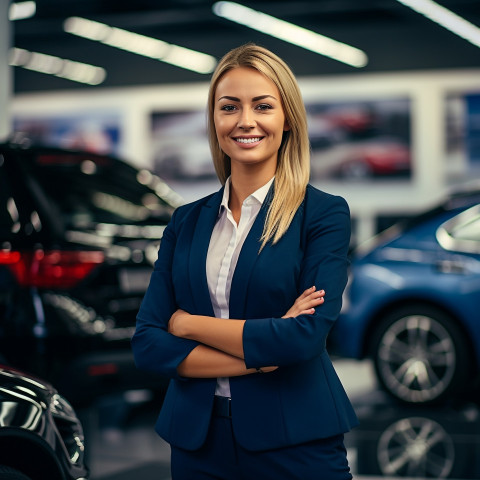 Friendly smiling beautiful woman automotive sales manager at work on blured background Friendly smiling beautiful woman automotive sales manager at work on blured background