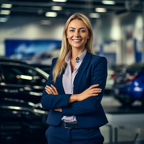 Friendly smiling beautiful woman automotive sales manager at work on blured background Friendly smiling beautiful woman automotive sales manager at work on blured background