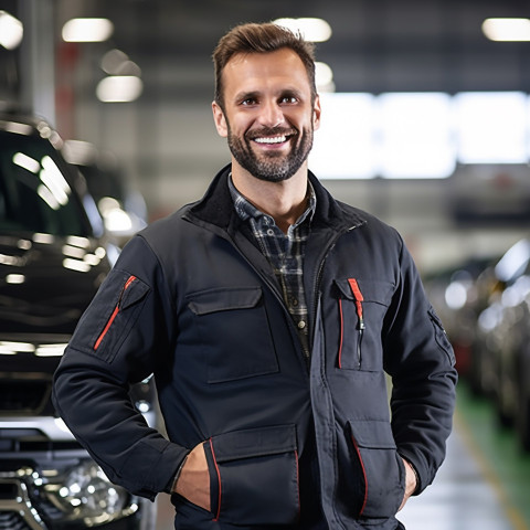 Friendly smiling handsome man automotive safety compliance specialist at work on blured background Friendly smiling handsome man automotive safety compliance specialist at work on blured background
