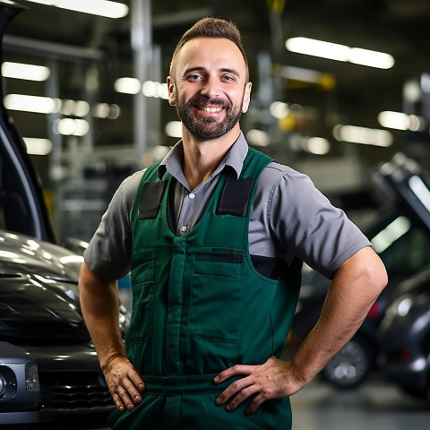 Friendly smiling handsome man automotive safety compliance specialist at work on blured background Friendly smiling handsome man automotive safety compliance specialist at work on blured background