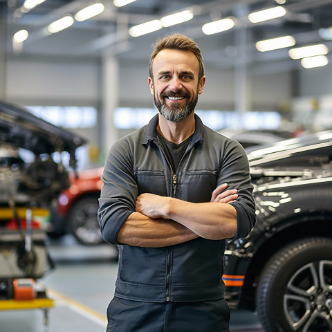 Friendly smiling handsome man automotive safety compliance specialist at work on blured background Friendly smiling handsome man automotive safety compliance specialist at work on blured background