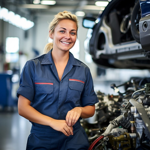 Friendly smiling beautiful woman automotive service technician at work on blured background Friendly smiling beautiful woman automotive service technician at work on blured background