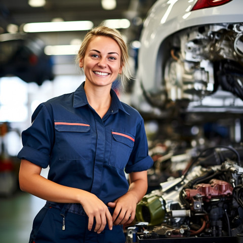 Friendly smiling beautiful woman automotive service technician at work on blured background Friendly smiling beautiful woman automotive service technician at work on blured background