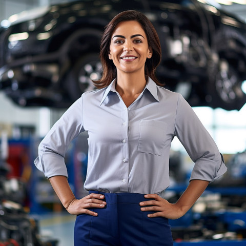 Friendly smiling beautiful indian woman automotive general manager at work on blured background Friendly smiling beautiful indian woman automotive general manager at work on blured background