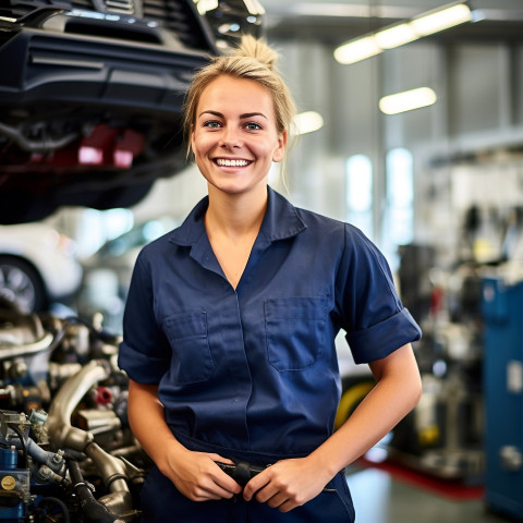 Friendly smiling beautiful woman automotive service technician at work on blured background Friendly smiling beautiful woman automotive service technician at work on blured background