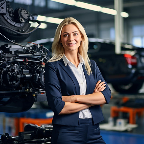 Friendly smiling beautiful woman automotive marketing manager at work on blured background Friendly smiling beautiful woman automotive marketing manager at work on blured background